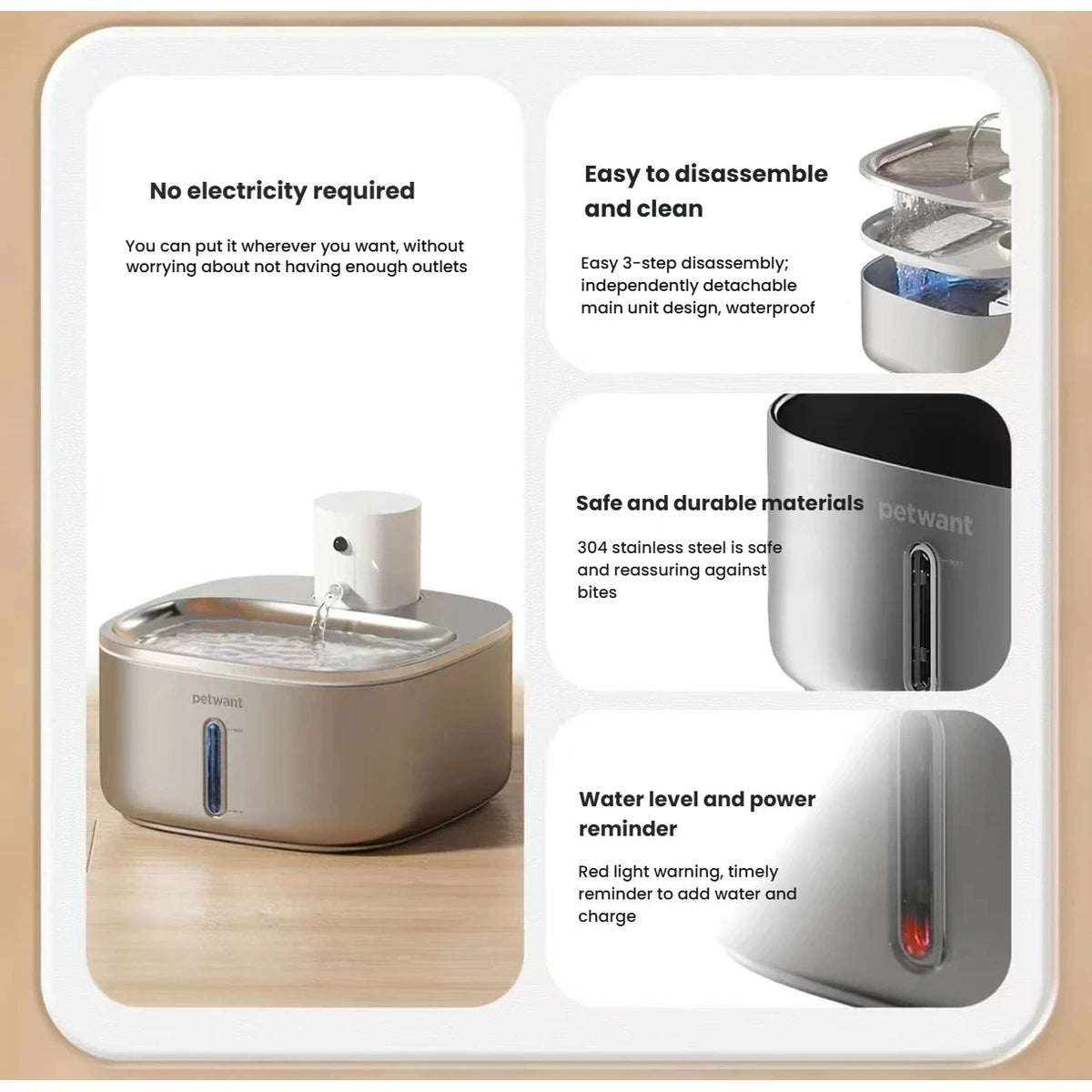 Petwant W4 removable components, stainless steel tank and water-level window