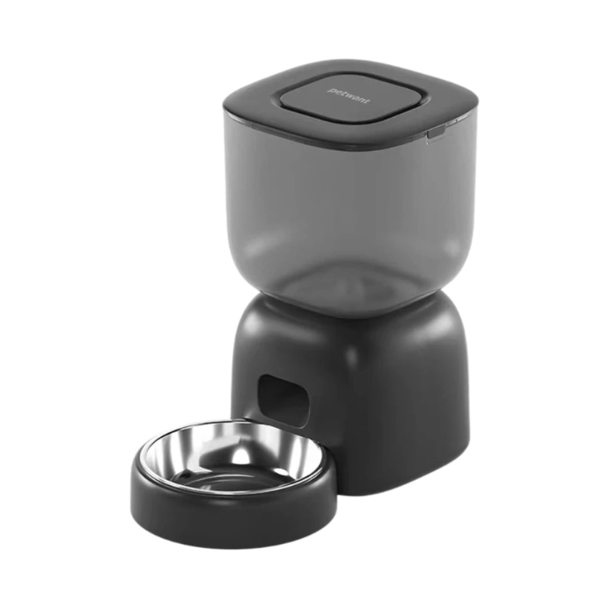 Black Petwant automatic feeder with smoked hopper and metal bowl