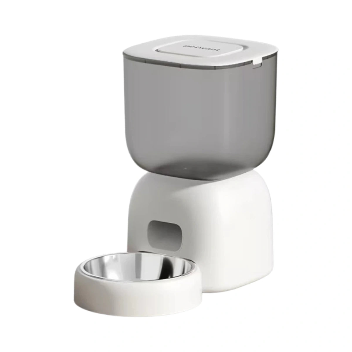 White Petwant automatic feeder with smoked hopper and metal bowl