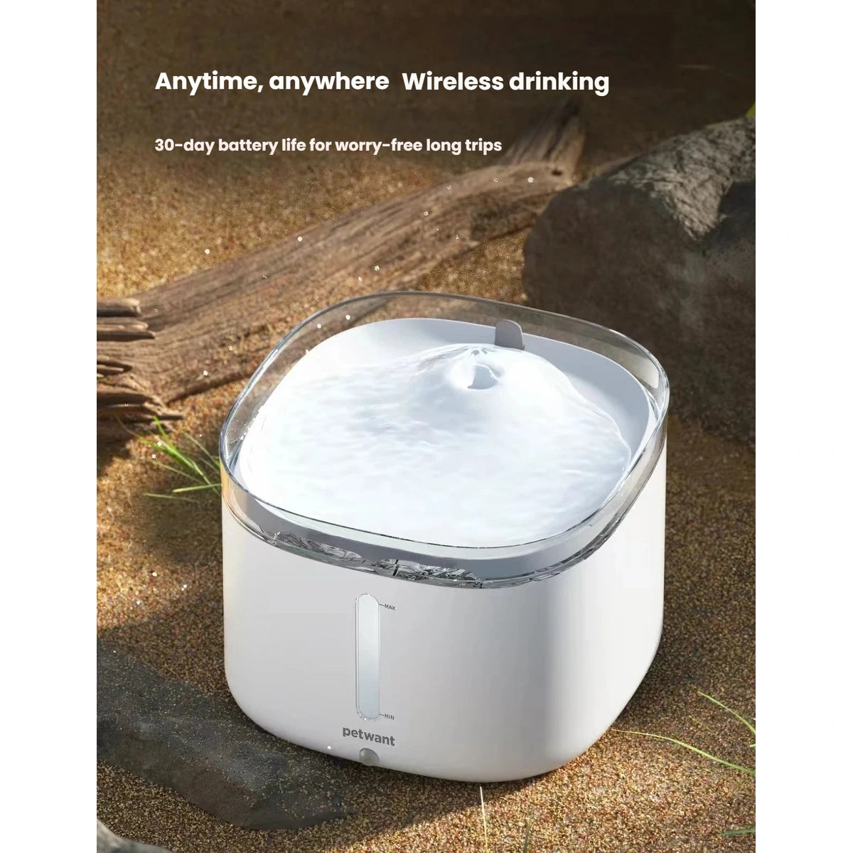 Petwant W10-E cordless water fountain shown outdoors