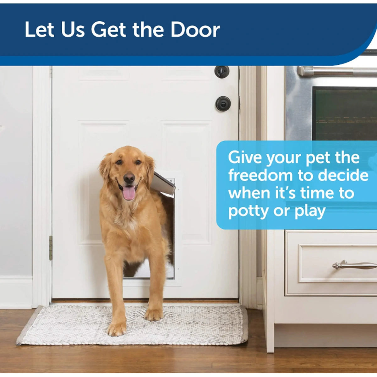 Golden retriever standing beside an installed PetSafe aluminium dog door