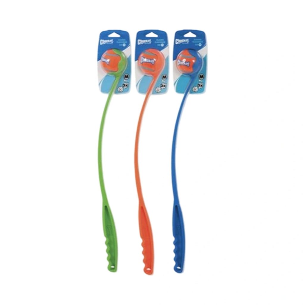 Chuckit Classic Medium ball launchers shown in green, orange and blue packaging