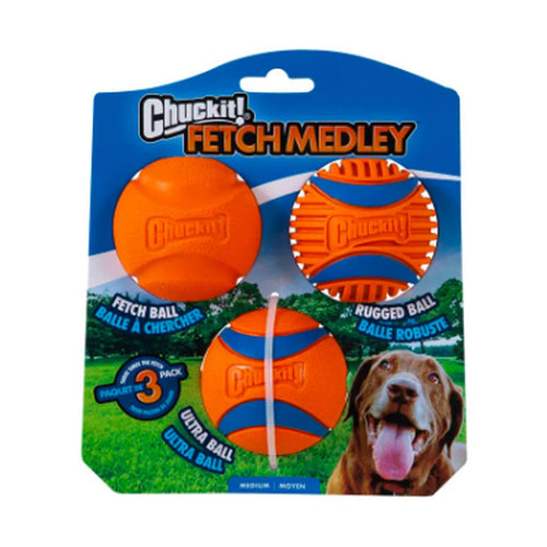 Chuckit Fetch Medley three-pack with Fetch, Rugged and Ultra balls in retail packaging