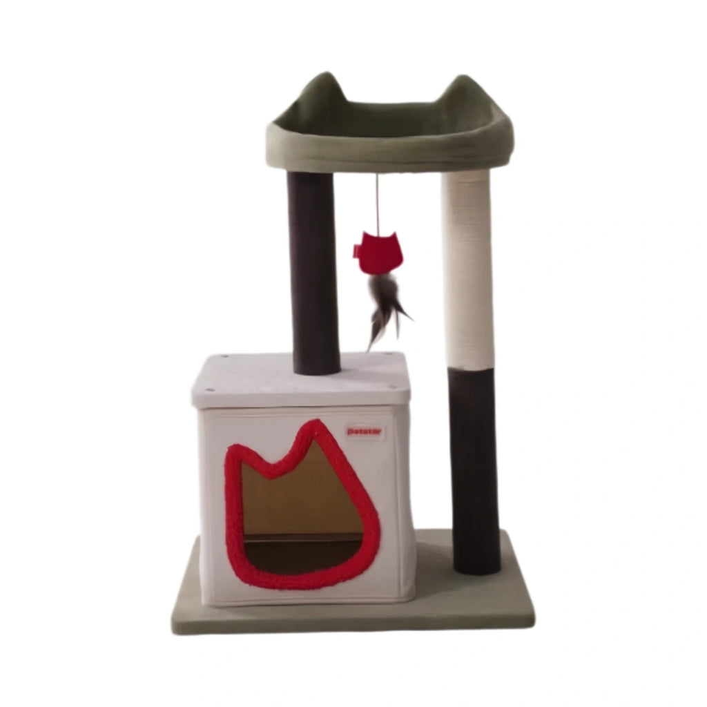 Compact Petstar S cat tree with a cat house and green upper perch