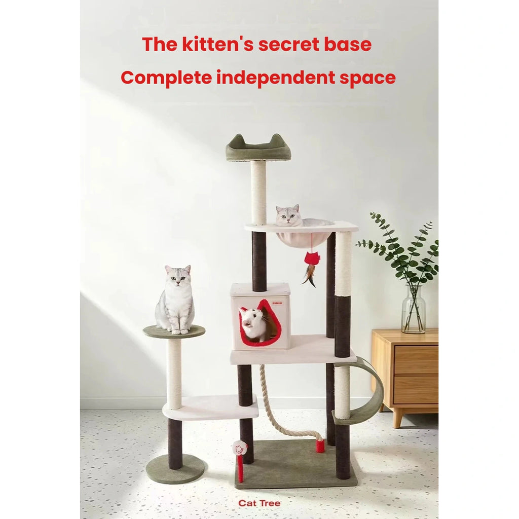 Tall Petstar M cat tree with cats on its platforms and inside the house