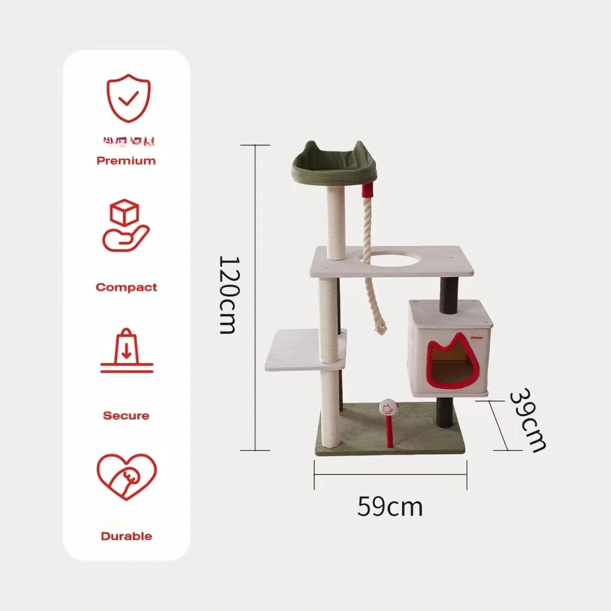 Petstar M cat tree size diagram showing 120 cm height and 59 x 39 cm base