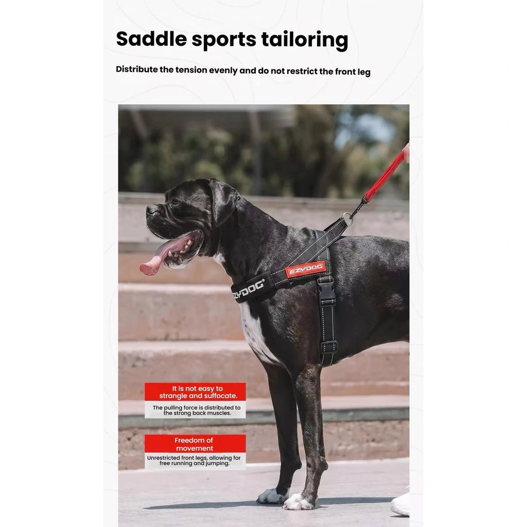 Side view of a dog wearing a black EzyDog Quick Fit harness