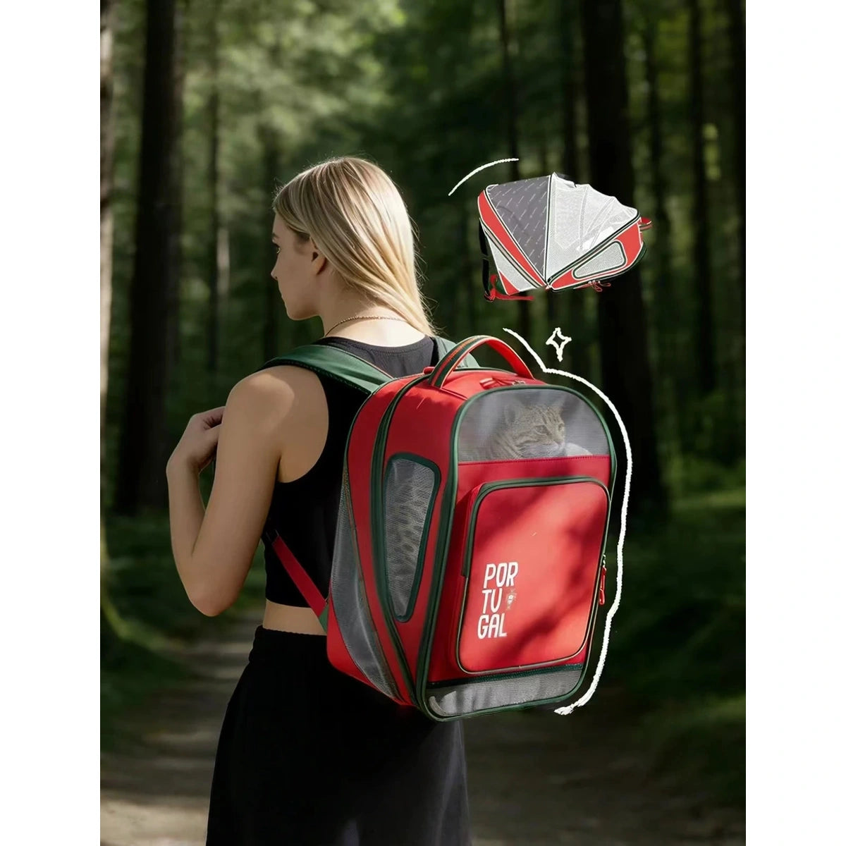 Person wearing a red Portugal pet backpack with a cat visible through the mesh