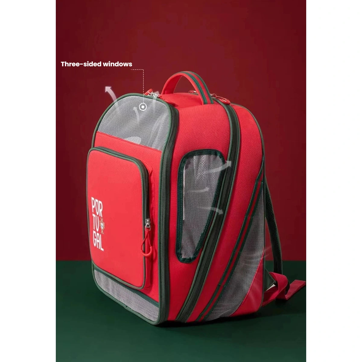 Red Portugal pet carrier showing mesh panels on three sides