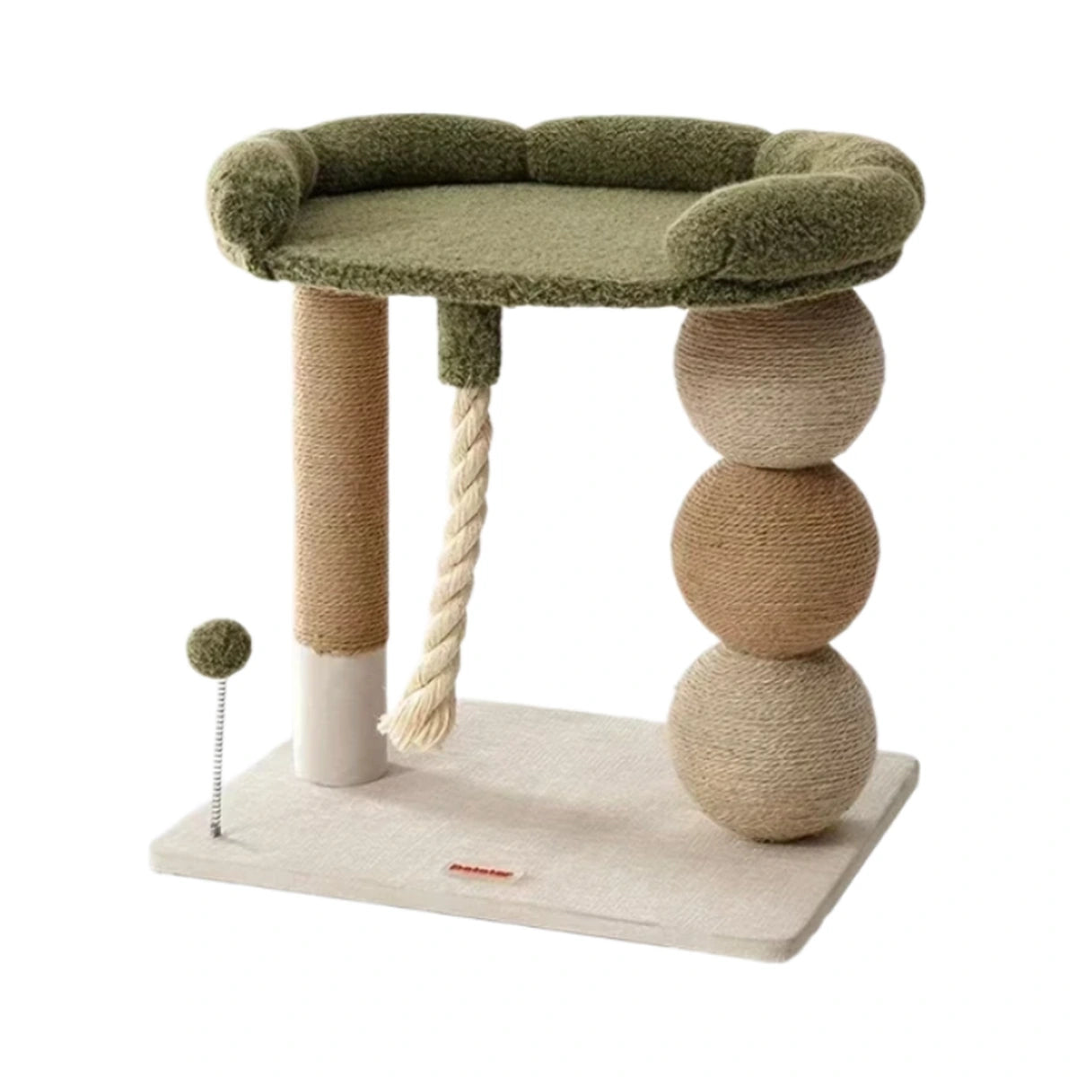 Green Petstar raised cat bed with scratching surfaces, hanging rope and spring ball