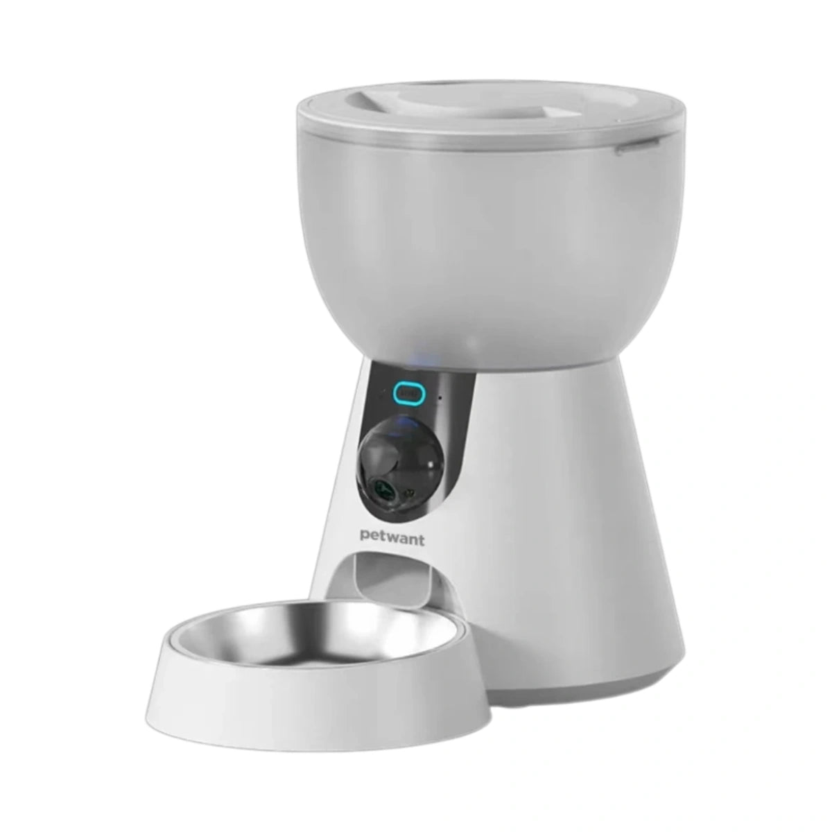 White Petwant F17-C cat feeder with a camera and metal bowl