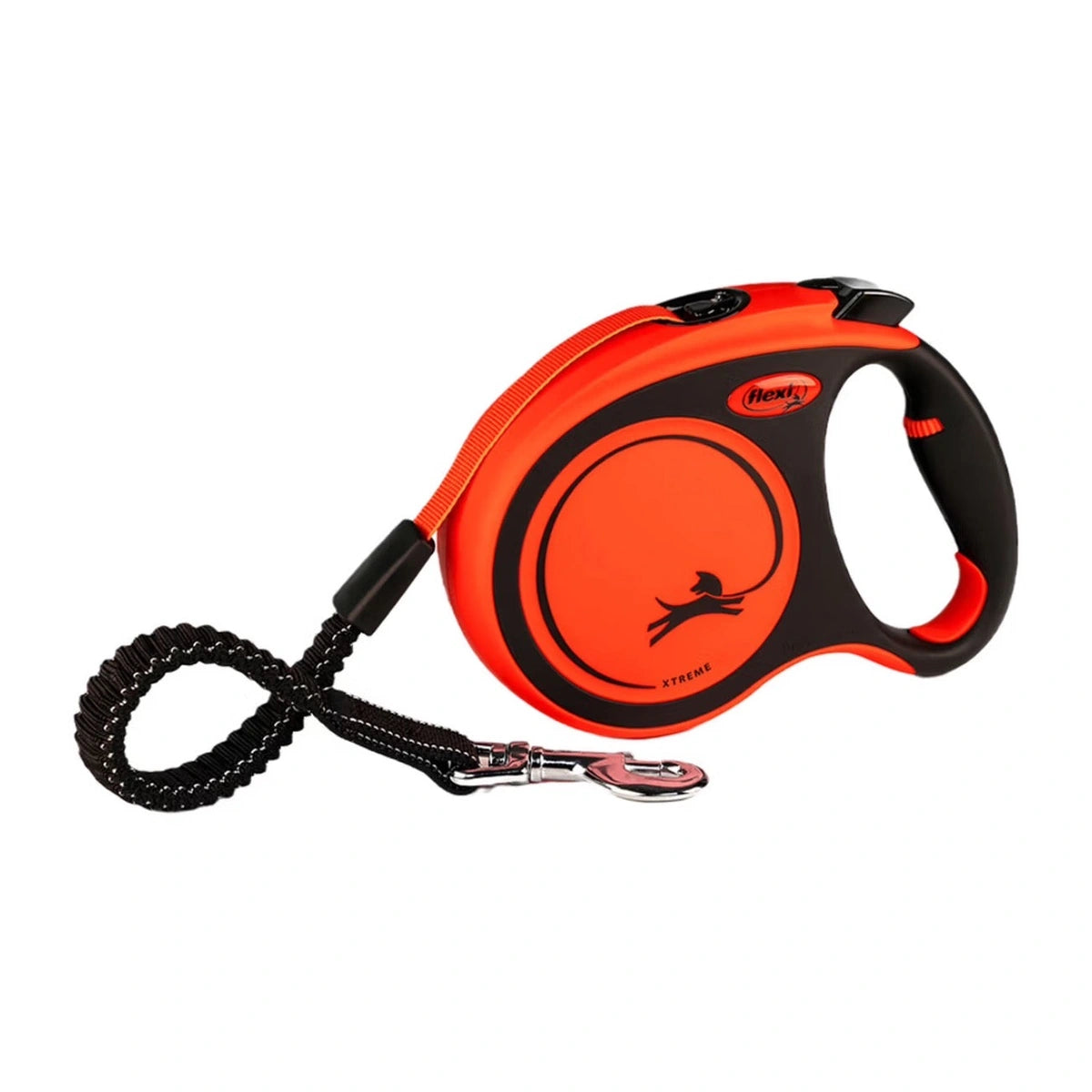 Flexi Xtreme orange retractable tape dog lead with black soft-grip handle and elastic soft-stop section