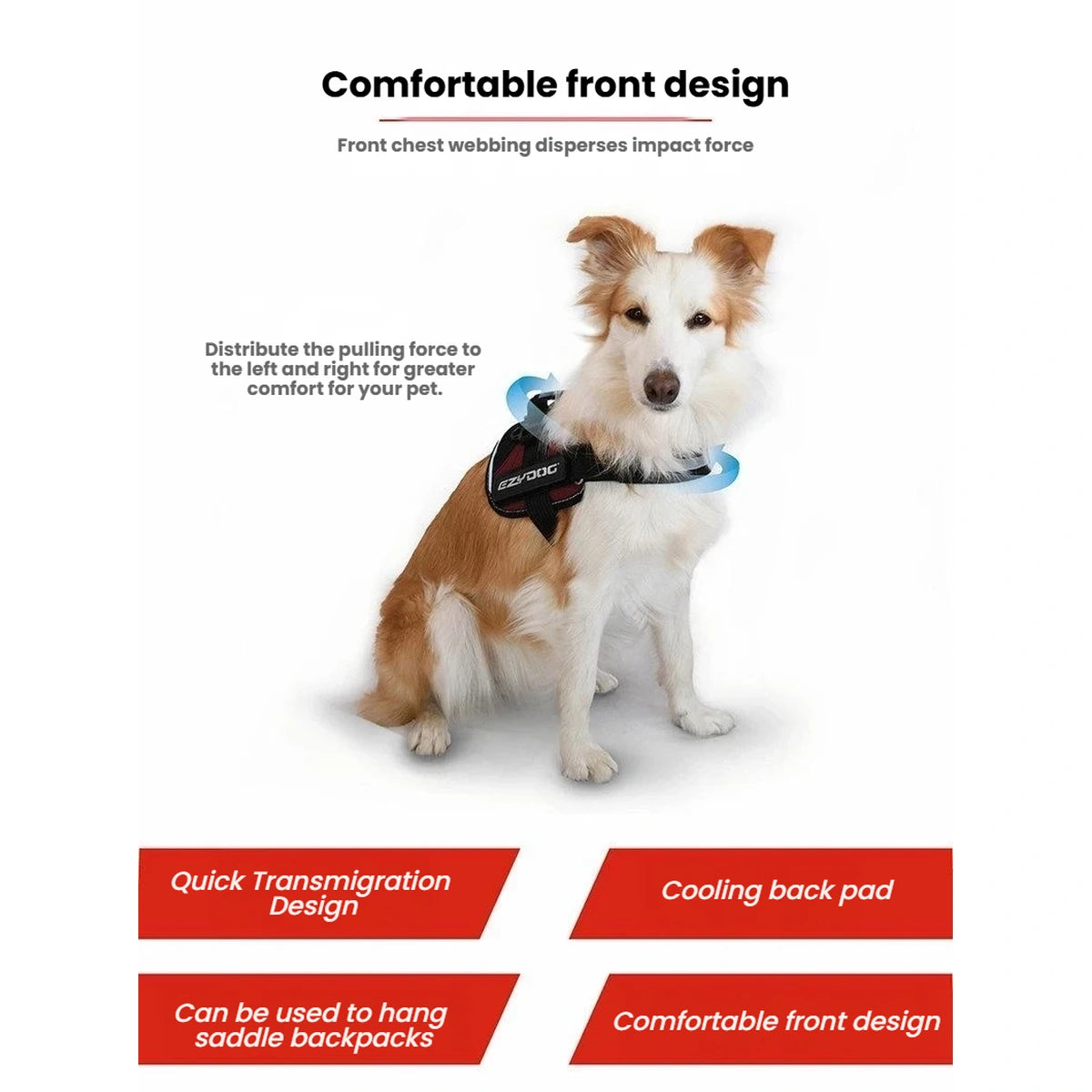 Dog wearing an EzyDog Convert harness, showing chest strap and side panel