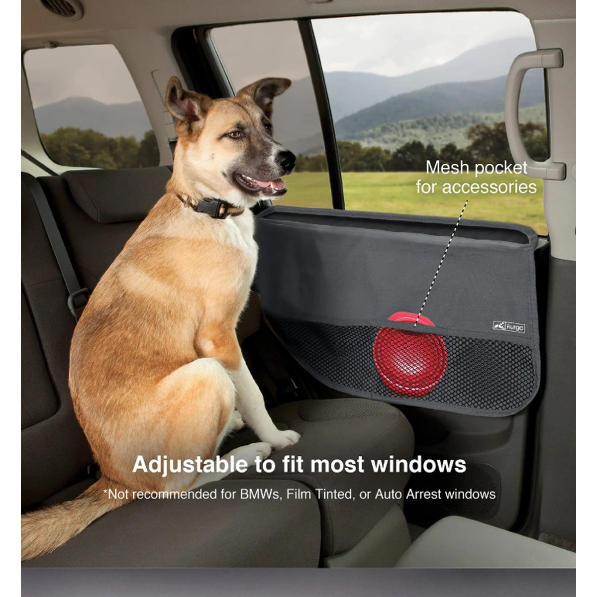 Dog beside a fitted Kurgo car door guard with a lead stored in its mesh pocket