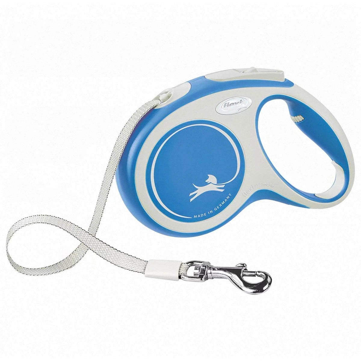 Blue and white Flexi Comfort retractable tape lead with silver clip