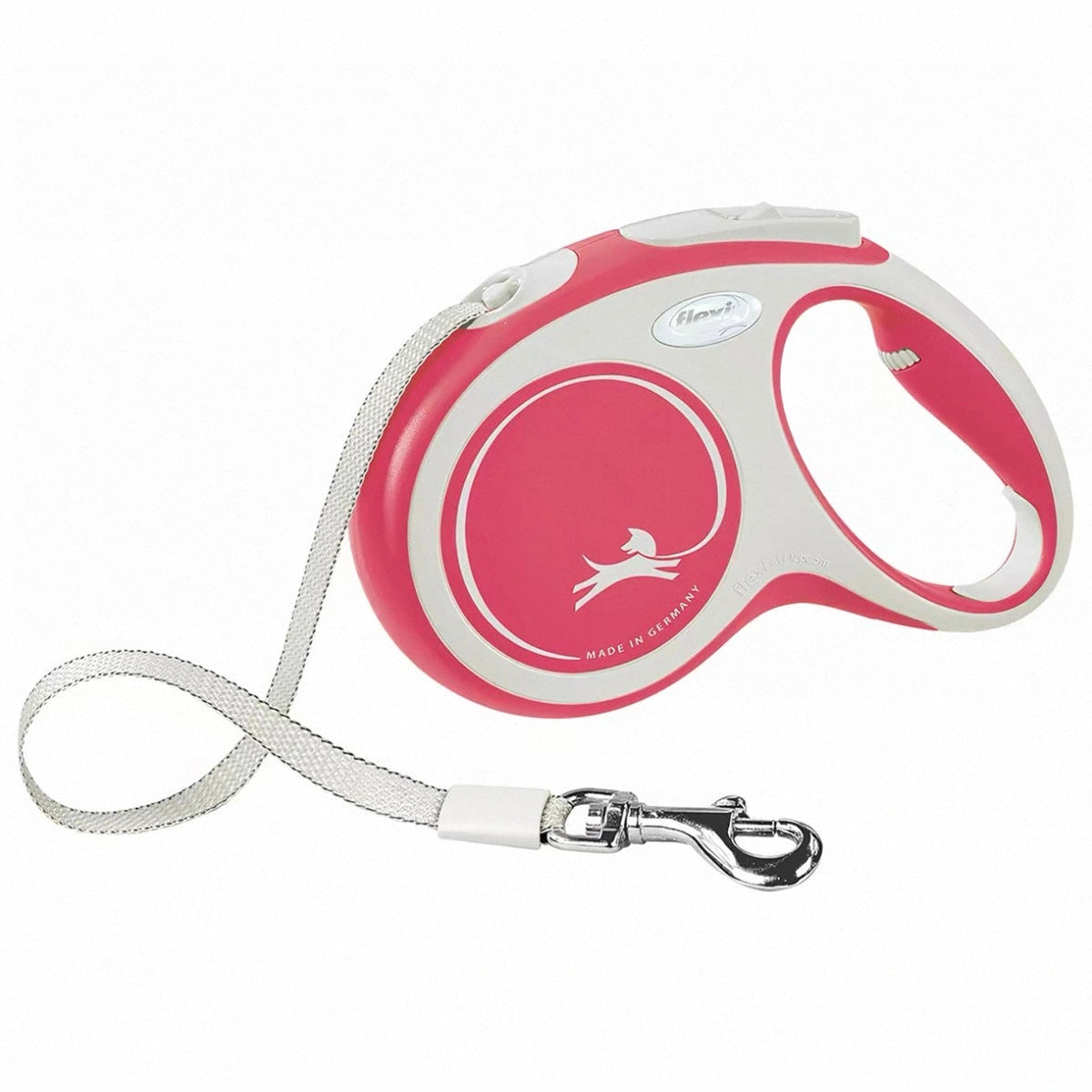 Pink and white Flexi Comfort retractable tape lead with silver clip