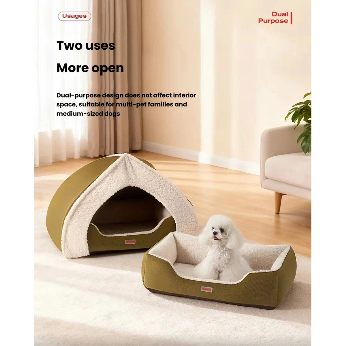 Petstar bed shown as a covered tent and an open bed with a small dog