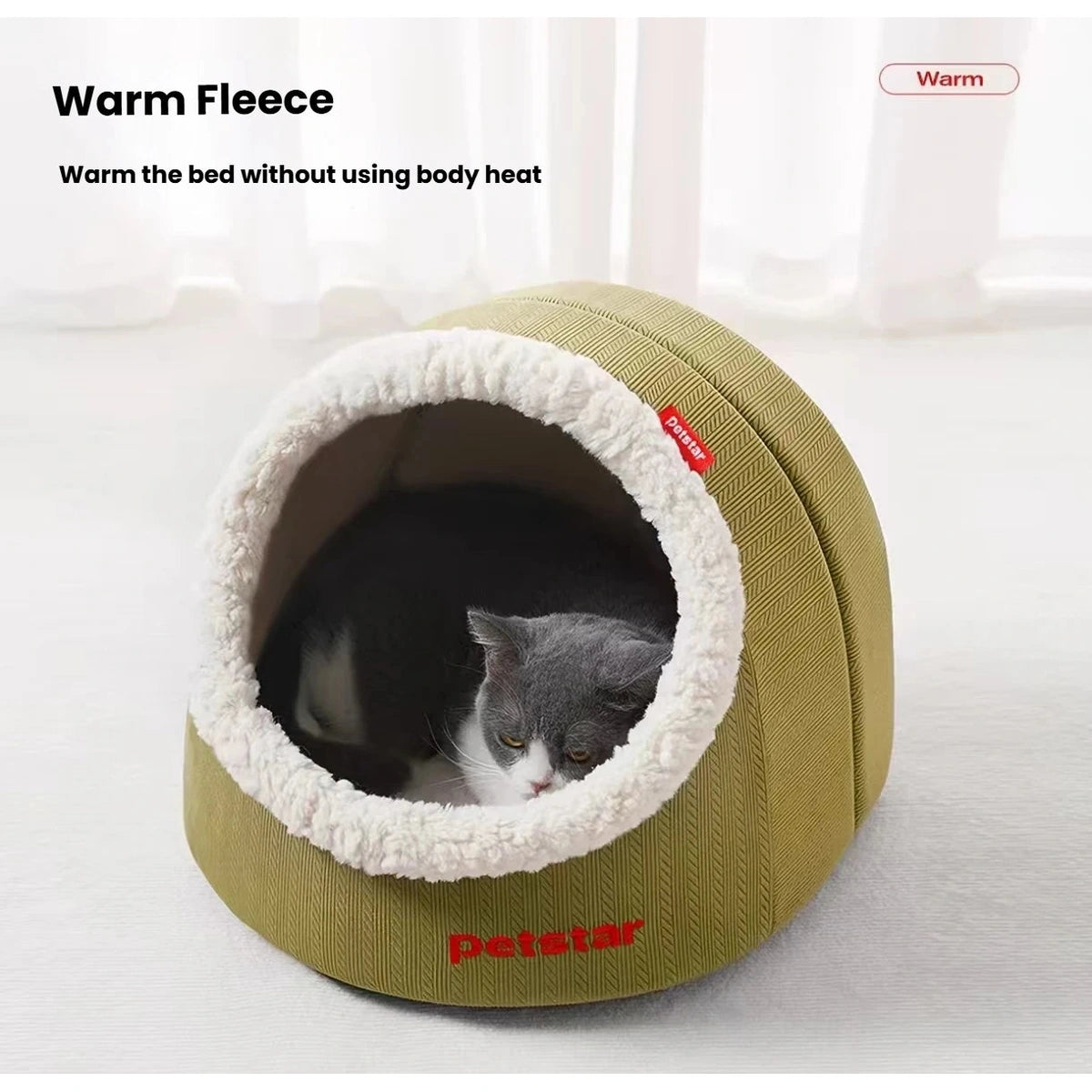 Grey and white cat curled inside a green Petstar cave bed