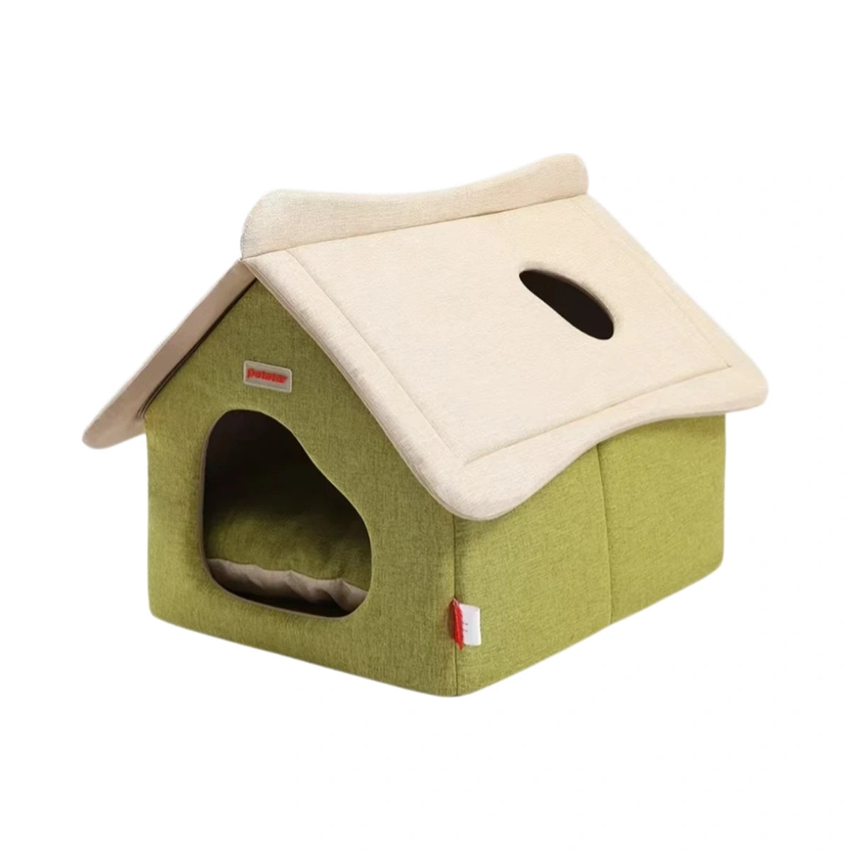 Green Petstar cat house bed with pale pitched roof and round roof opening