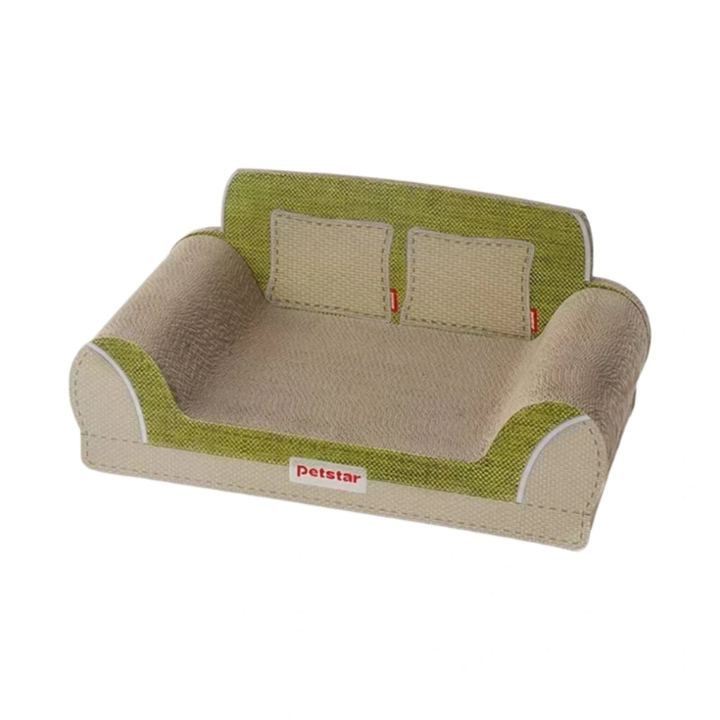 Green-trimmed Petstar cardboard cat scratcher shaped like a sofa