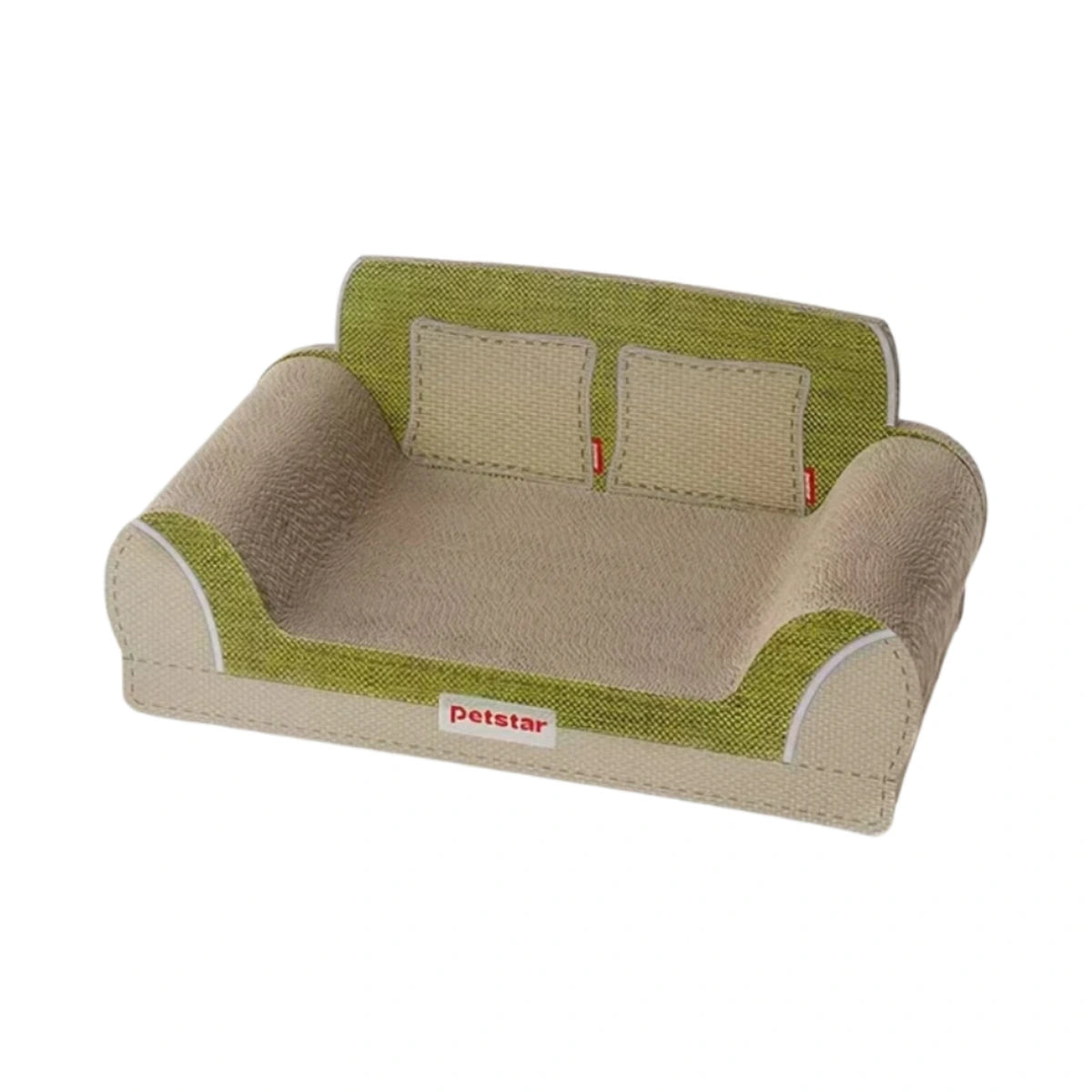 Green-trimmed Petstar cardboard cat scratcher shaped like a sofa