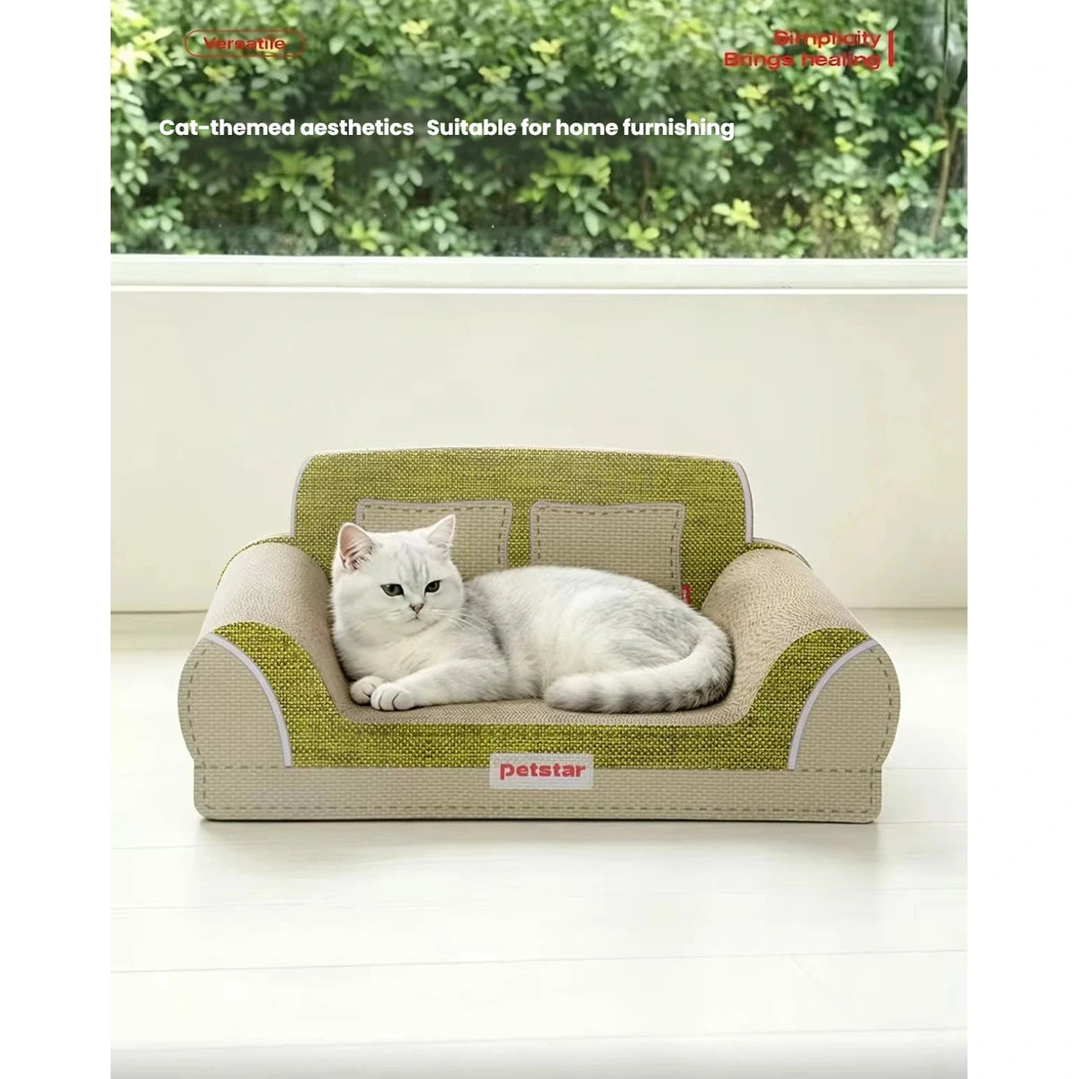White cat lounging on a Petstar cardboard scratcher sofa beside a window