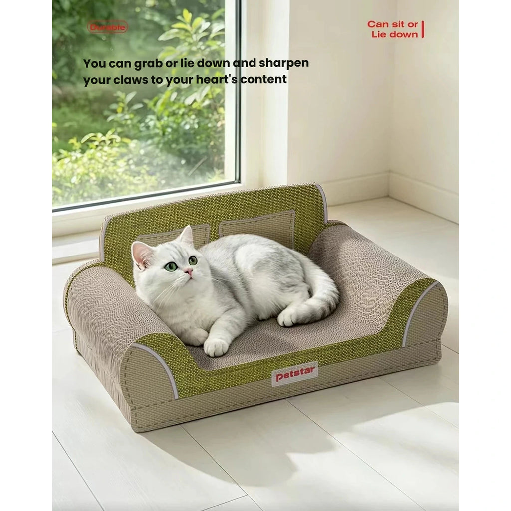 Cat resting between the curved arms of a Petstar scratcher sofa