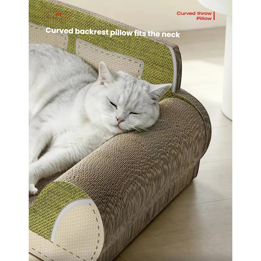 Close-up of a cat resting against the curved corrugated side of the sofa