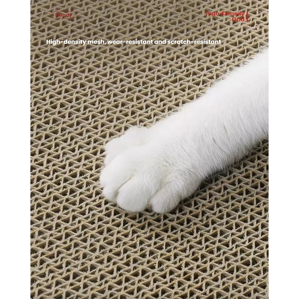 Close-up of the corrugated scratching surface beside a cat paw