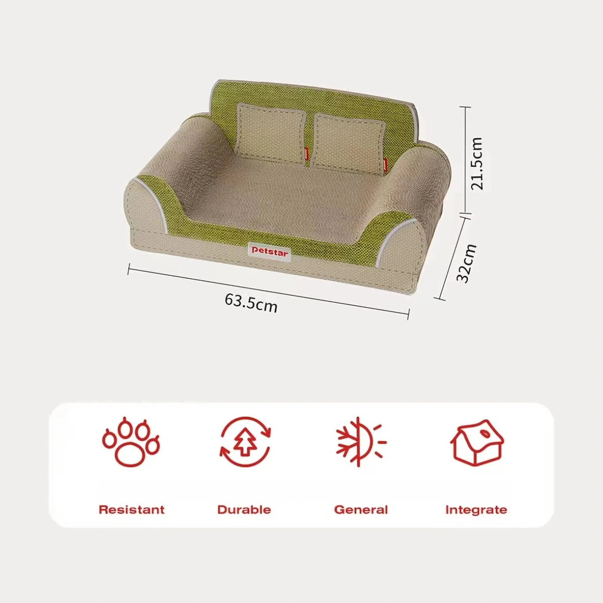 Petstar scratcher sofa size diagram: 63.5 by 32 by 21.5 cm
