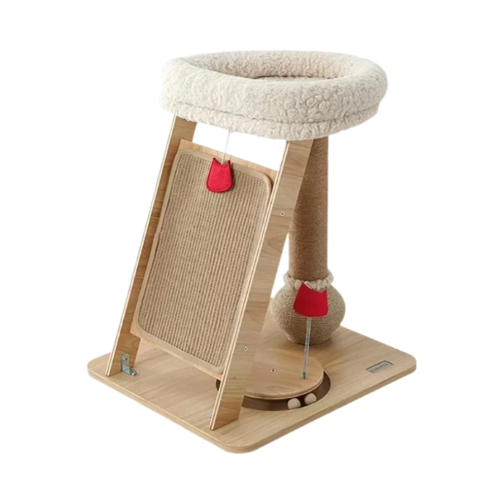 Petstar wooden cat tree with raised cushioned perch and angled scratch board