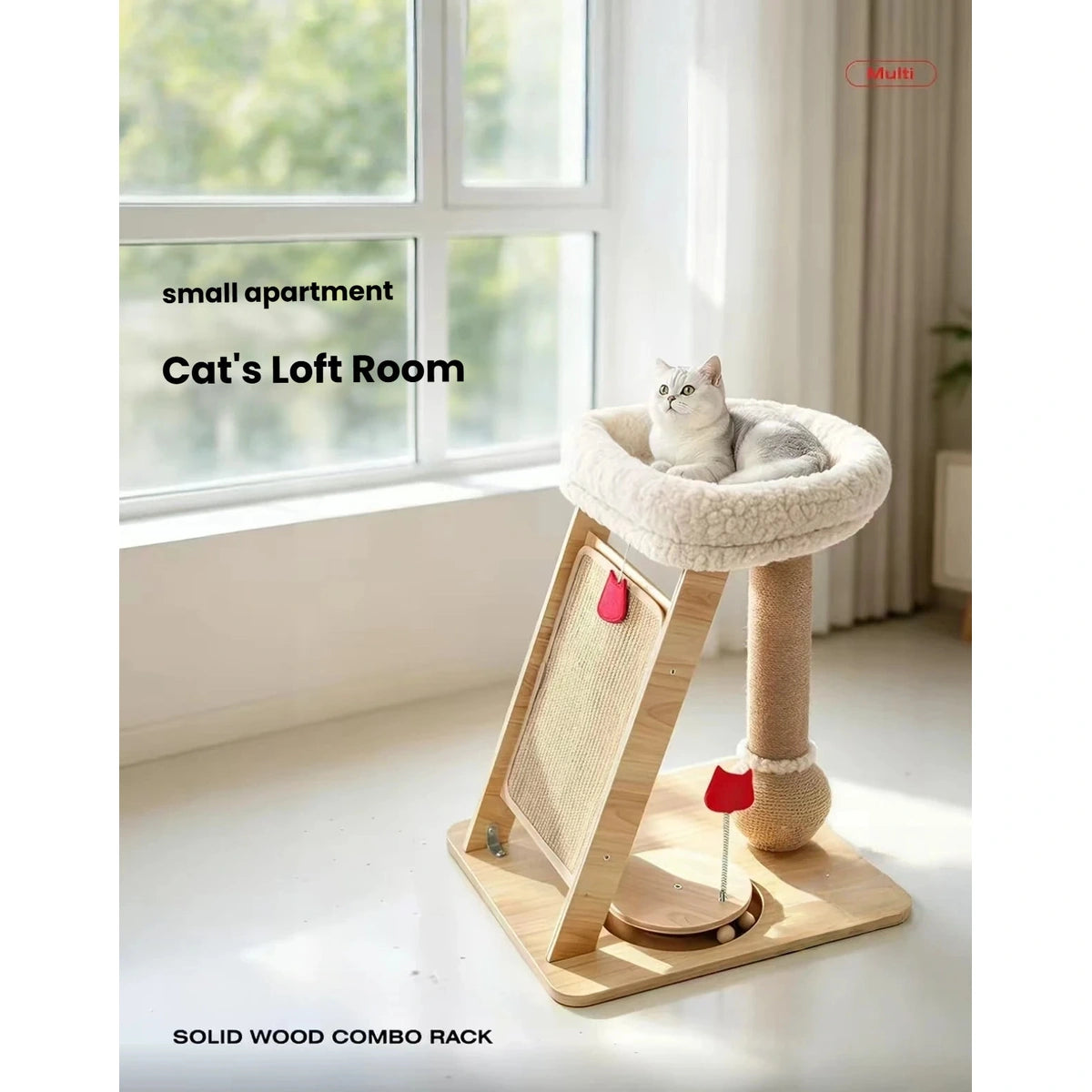 Cat resting on the perch of a compact wooden Petstar cat tree