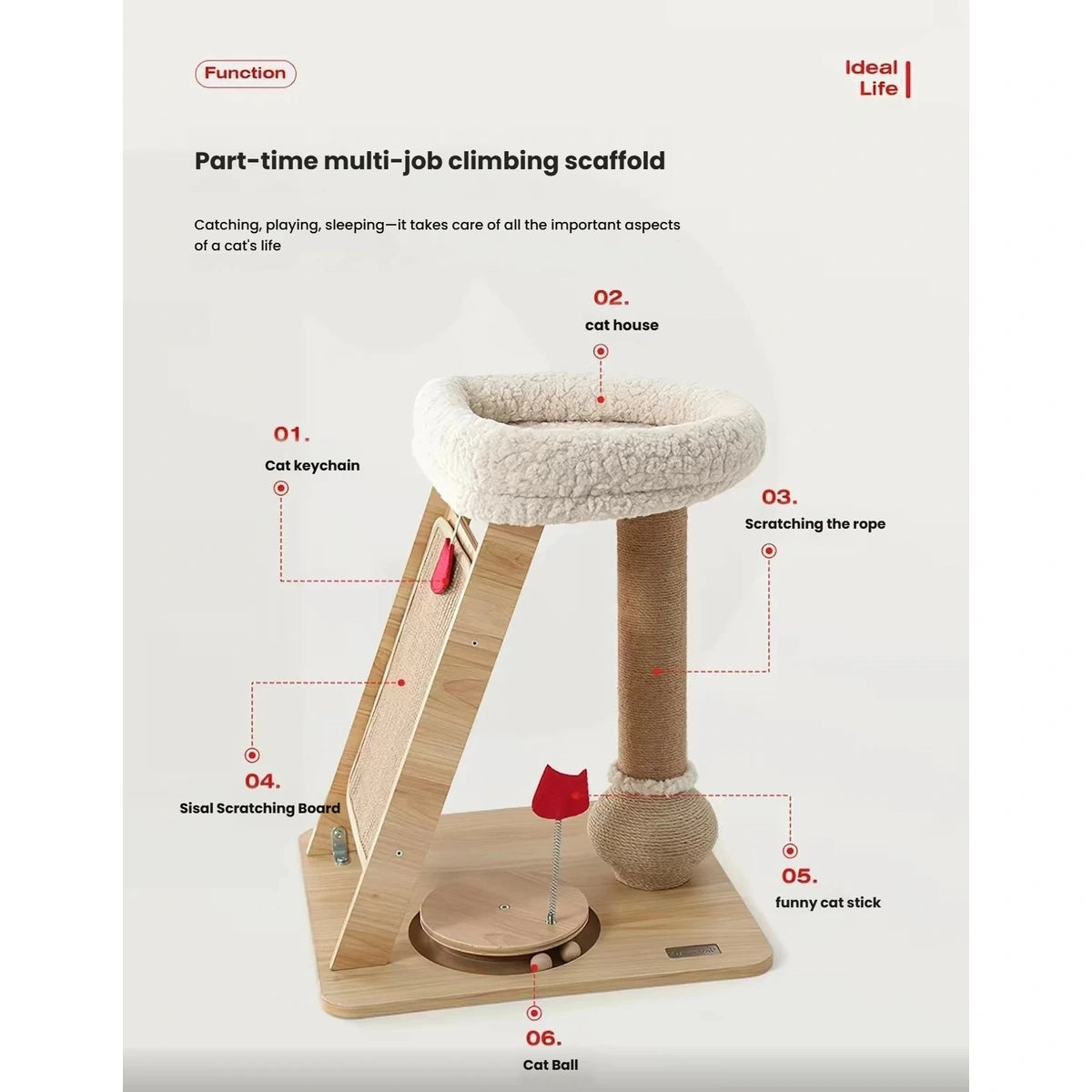 Petstar cat tree feature diagram with perch, scratch board and ball-track base