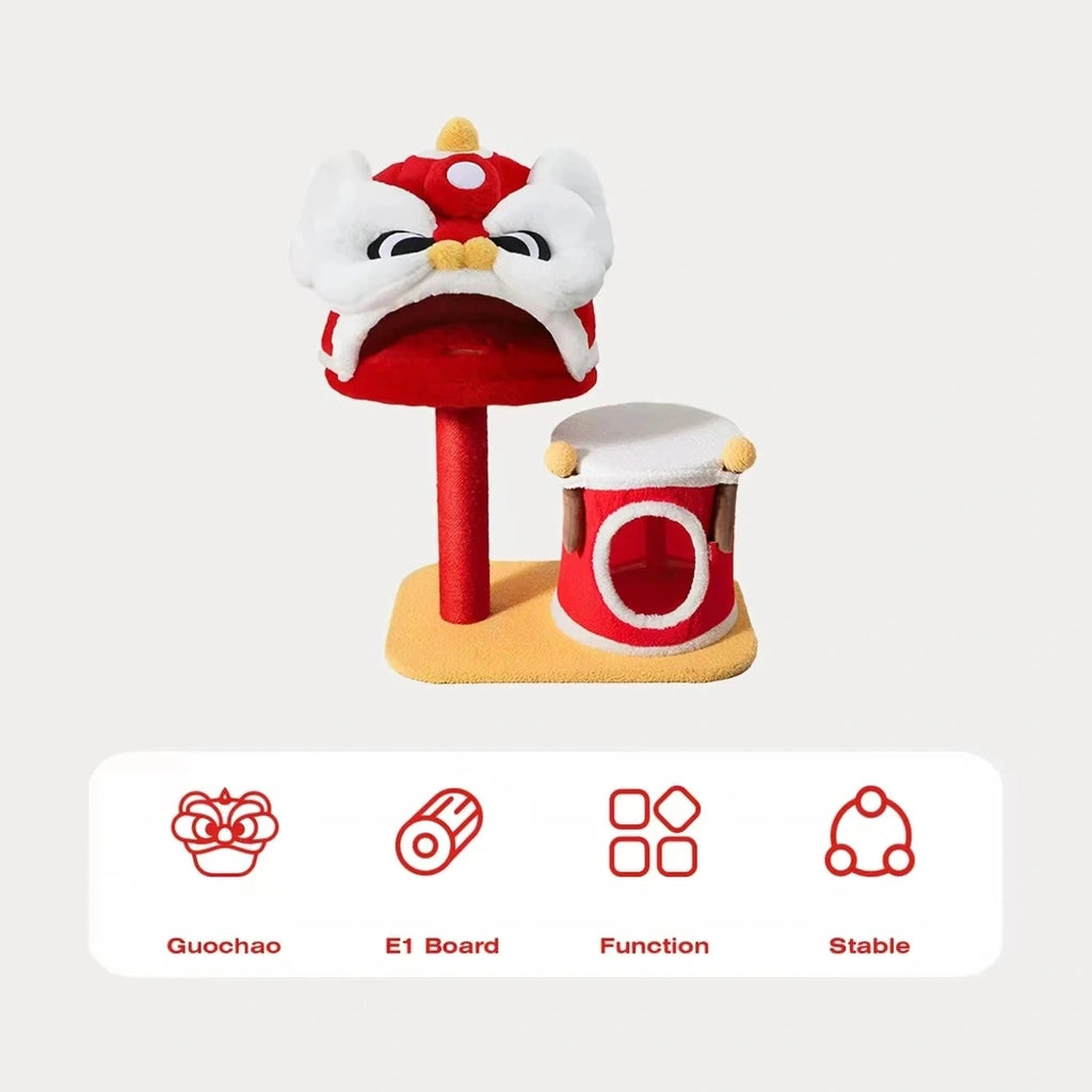 Small Petstar Lion Dance cat tree with lion-head perch and drum-style hideaway