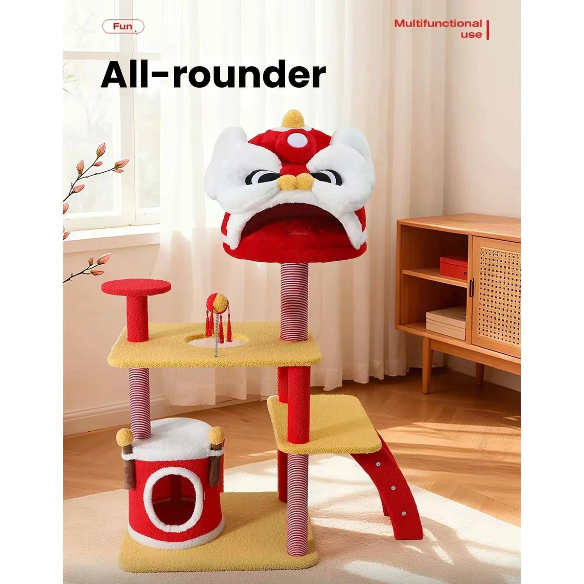 Large Petstar Lion Dance cat tree with platforms, ramp and red-and-white perch