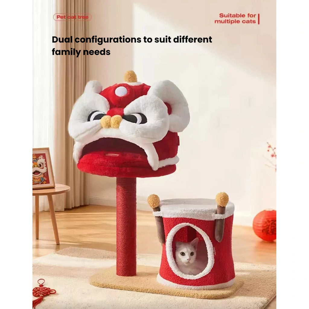 Small Petstar Lion Dance cat tree beside a sofa with a cat in the lower hideaway