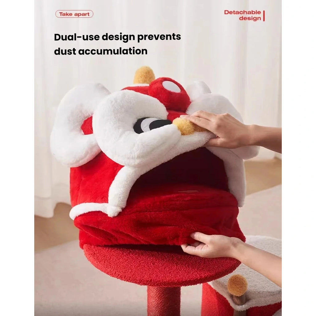 Hands lifting the removable plush lion-head cover from the perch