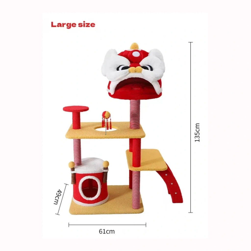 Large Lion Dance cat tree dimensions: 61 by 49 cm base and 135 cm height