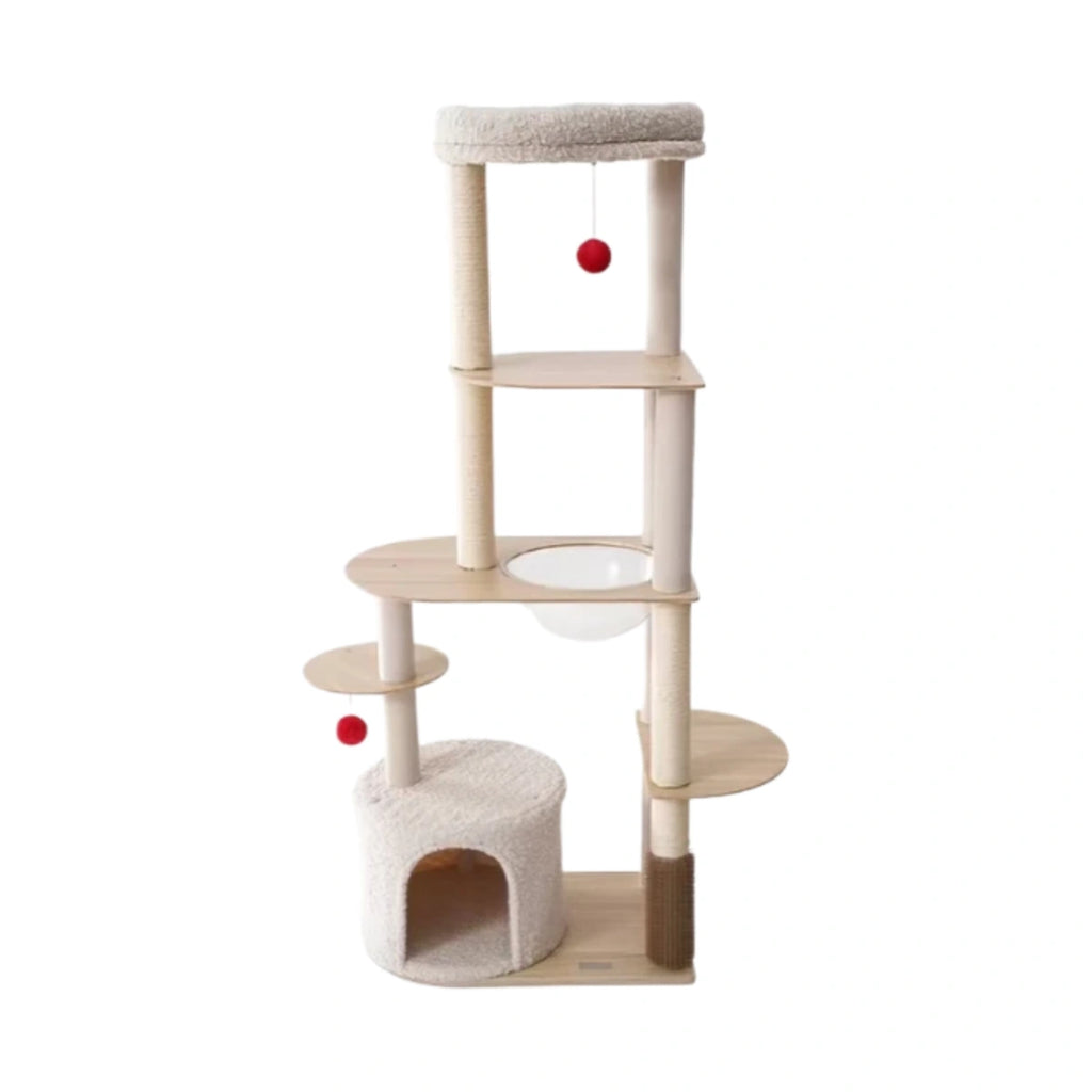 Tall beige Petstar wooden cat tree with platforms, hammock and enclosed hideaway