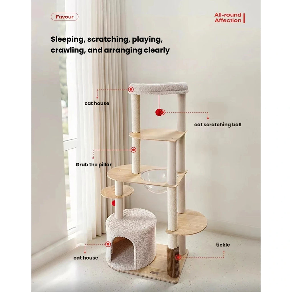 Feature overview of Petstar cat tree platforms, scratching areas and hideaway
