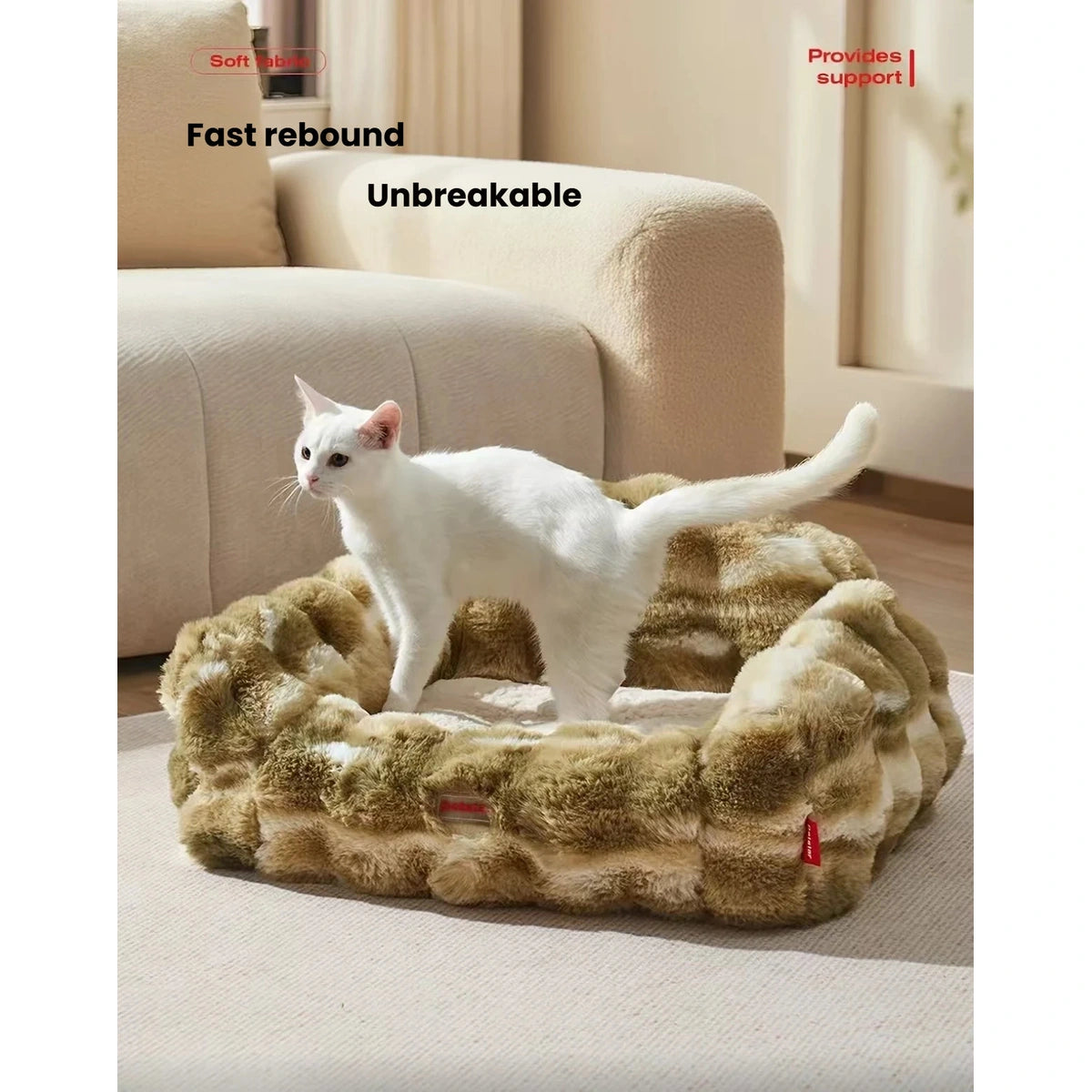 White cat stepping into the Petstar bed beside a sofa