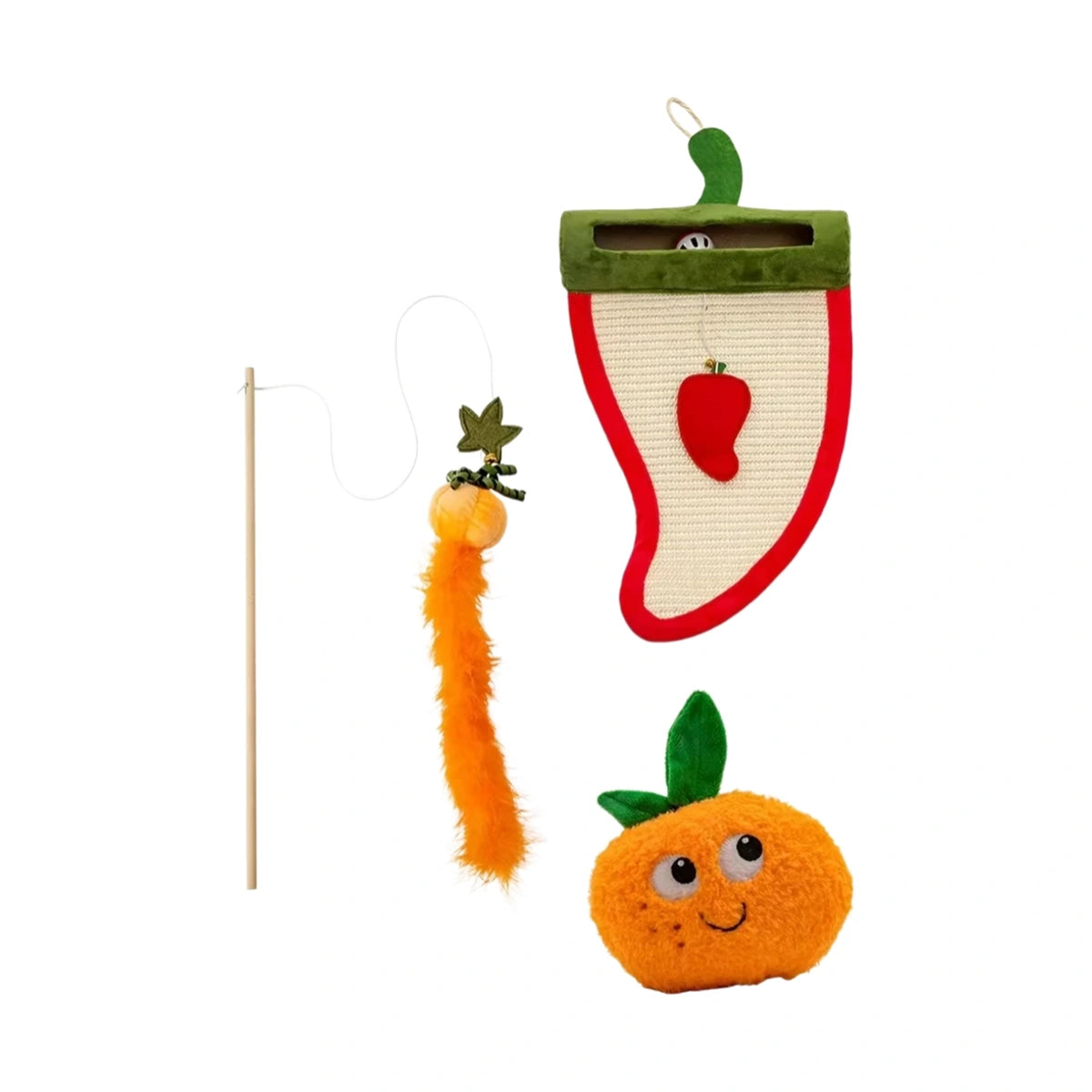 Petstar cat toy set with hanging scratcher, wand, carrot and orange toys