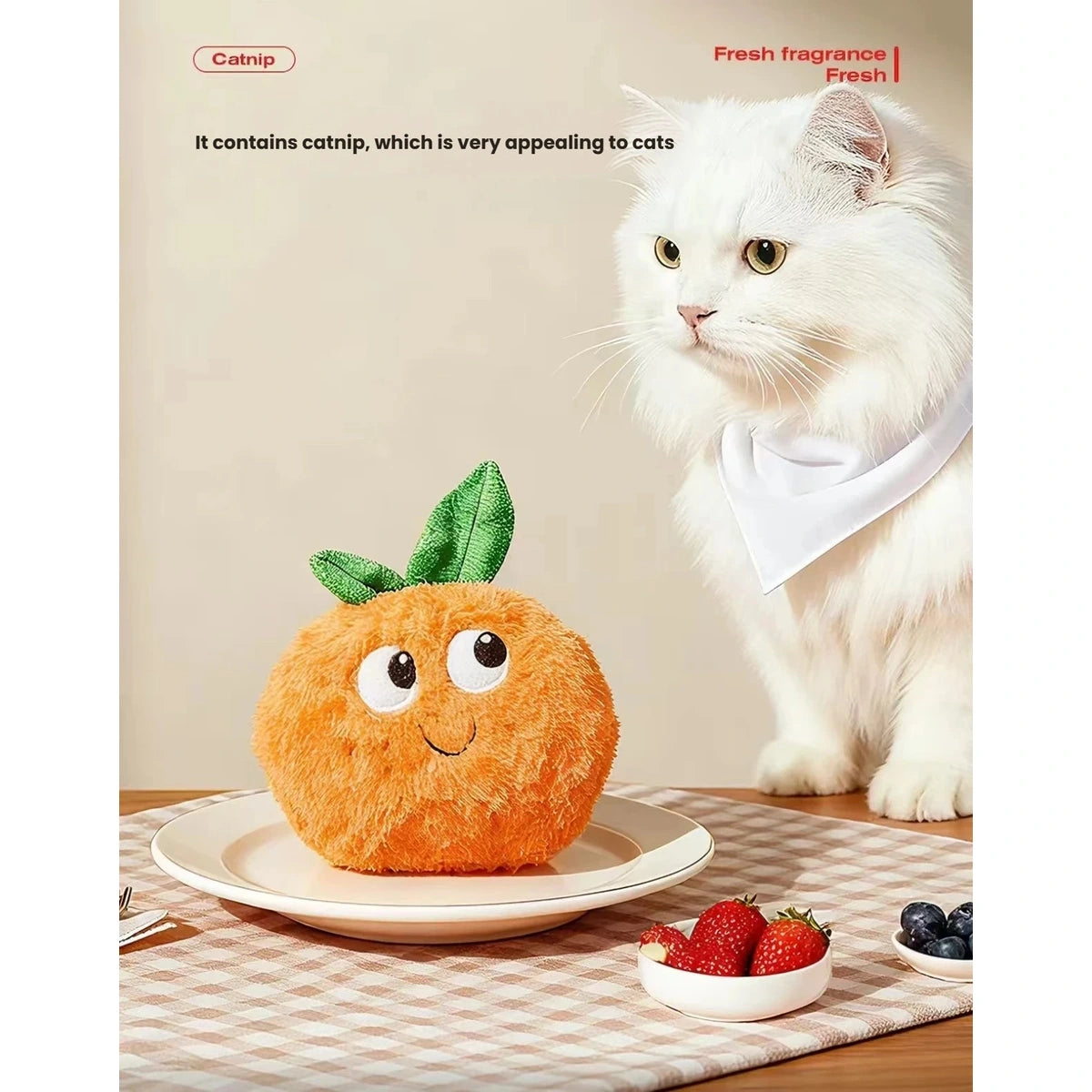 White cat beside the orange-shaped Petstar cat toy