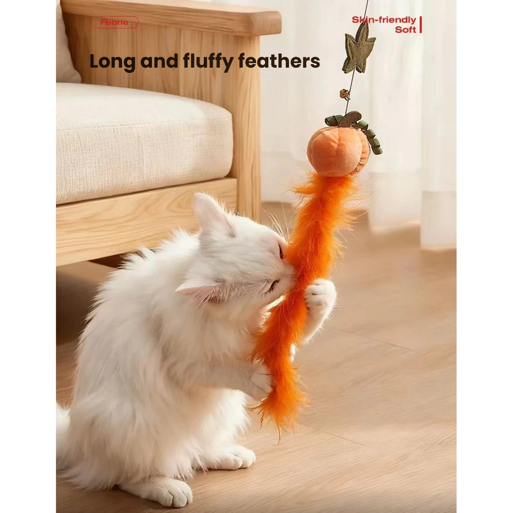 Cat playing with the carrot-shaped toy and feather wand
