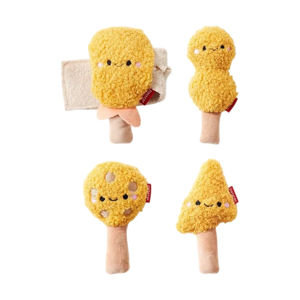 Four Petstar fried chicken plush dog toys on a white background