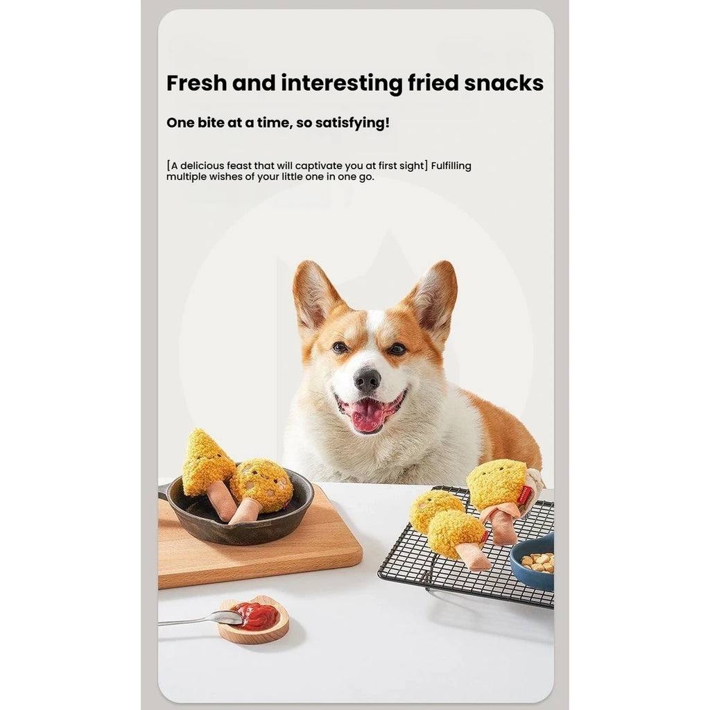 Dog beside Petstar fried chicken plush toys and treats
