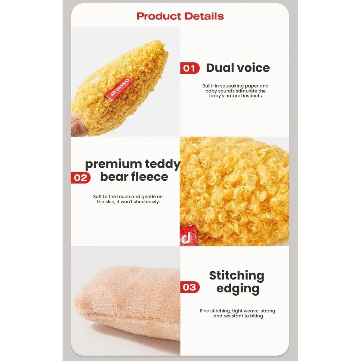 Petstar fried chicken plush toy details showing squeaker, fleece and stitching