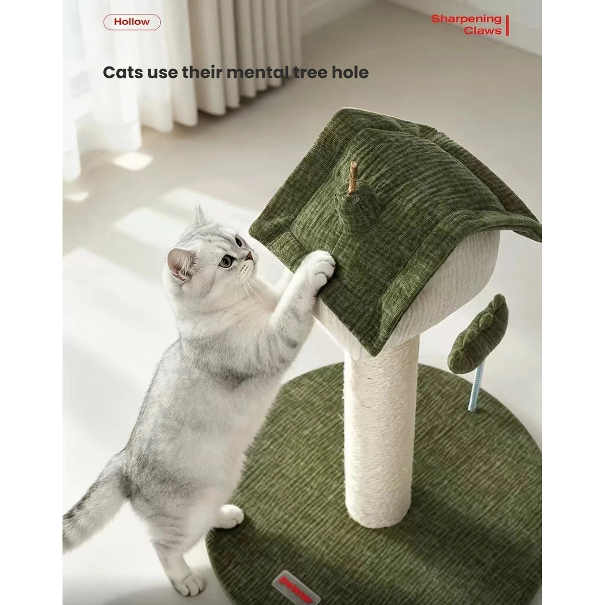 Cat reaching toward the bird-shaped top of the Petstar cat tree