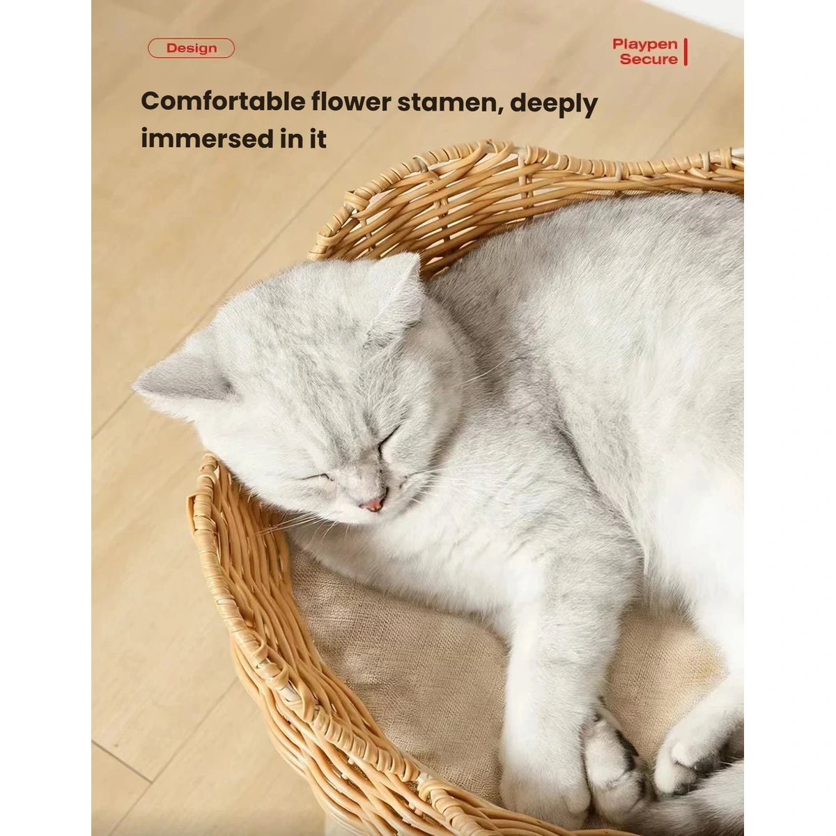 Cat resting deeply inside the woven basket perch