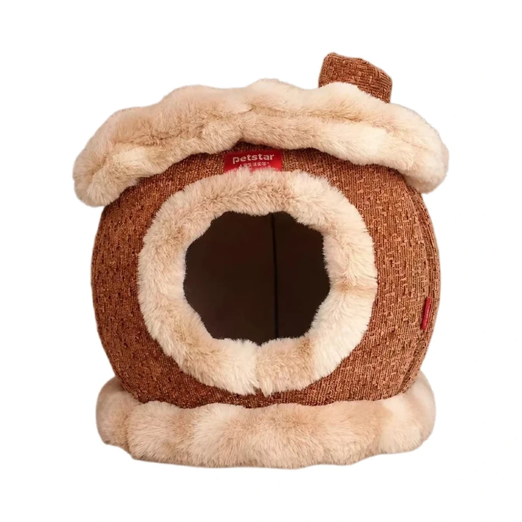 Brown Petstar enclosed cat cave bed with plush-lined round entrance